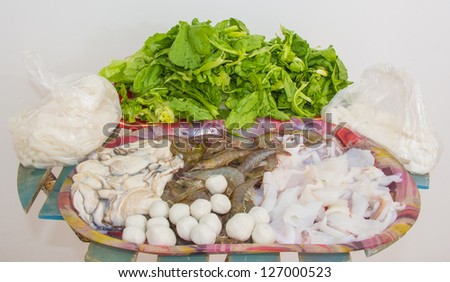 shrimp,vegetables,oyster,fish ball,sleeve-fish and Zen Yai--a classic one for hotpot in South China