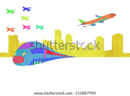 theme of the scissor-cut for children--plane and subway,train ,city
