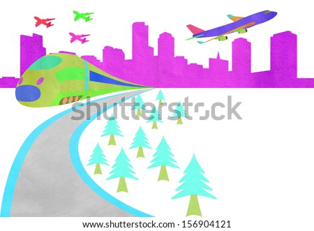theme of the scissor-cut,Chinese element, for children--plane and subway,train ,city