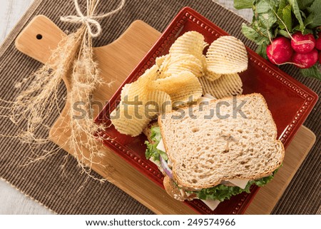 Ham turkey and swiss cheese sandwich with potato chips and radishes from above