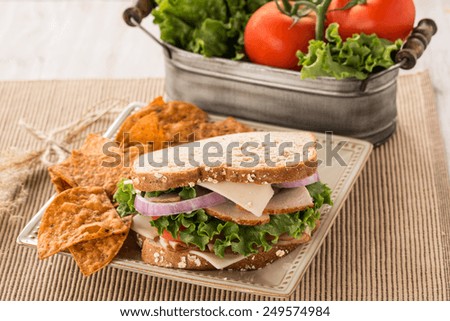 Lunch sandwich with turkey ham and swiss cheese with chips and vegetables
