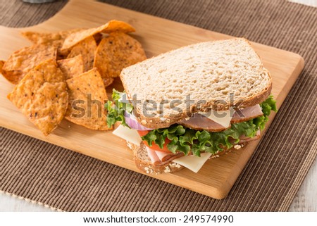 Ham turkey and swiss cheese and onion sandwich with tomato and lettuce and chips