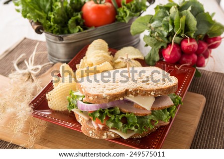 Sandwich with ham and turkey for lunch with potato chips and vegetables on red plate