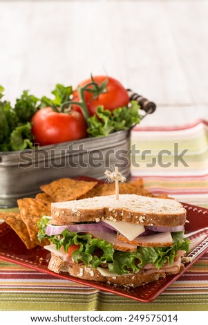 Turkey ham sandwich lunch with vegetables and chips vertical