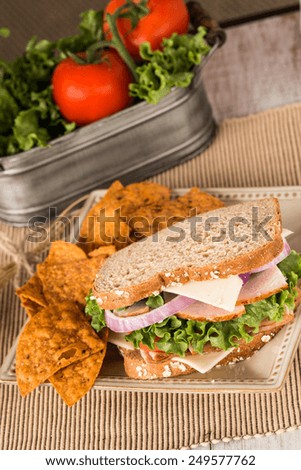 Ham turkey and swiss cheese sandwich on wheat bread with chips and vegetables