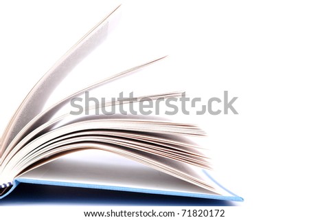 Opened book with blue cover on white background
