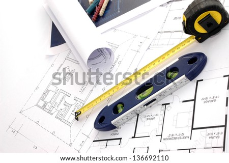 Blueprints, level and meter, House interior design, concept of home architecture
