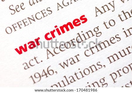 Dictionary definition of War crimes. Close-up view