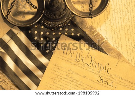 United States Constitution, scales of justice and flag