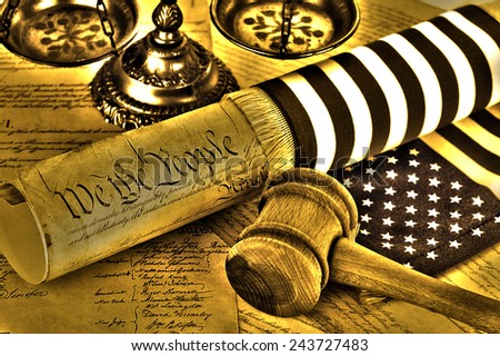 United States Constitution, gavel, scales of justice and flag, HDR image