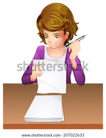 Illustration of a young woman taking an exam on a white background