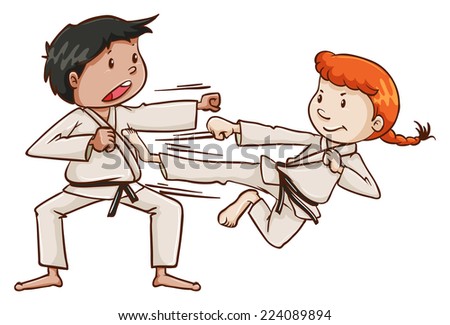Illustration of a male and a female doing martial arts on a white background