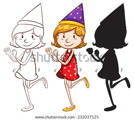 Three sketches of a happy girl with a party hat on a white background