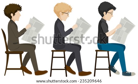 Three faceless men reading on a white background