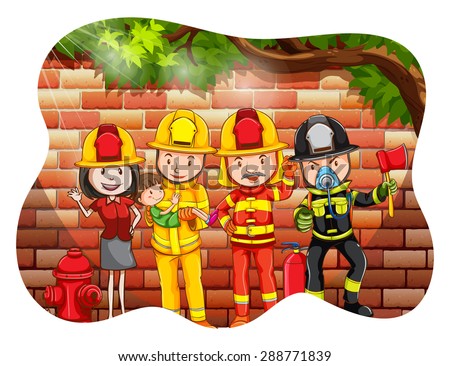 Group of firefighter with one person holding a boy