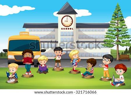 Children standing in front of school illustration