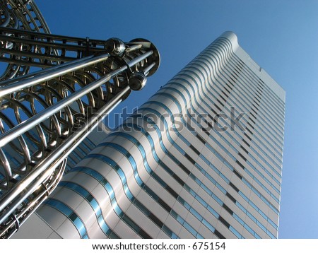 Yokohama Japan Buildings and Stainless Steel Sculpture