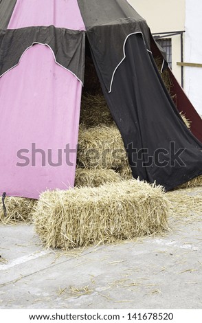 Medieval Tent urban street with straw, construction and recreation
