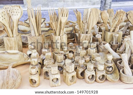 Covered wooden handicraft trade market, objects