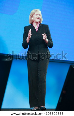 LAS VEGAS, NV - JUNE 5, 2012: HP president and chief executive officer Meg Whitman delivers an address to HP Discover 2012 conference on June 5, 2012 in Las Vegas, NV
