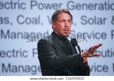 SAN FRANCISCO, CA, SEPT 30, 2012 - CEO of Oracle Larry Ellison makes his first speech at Oracle OpenWorld conference in Moscone center on Sept 30, 2012. He is one of richest US persons