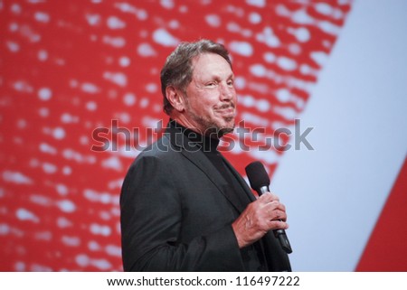 SAN FRANCISCO, CA, SEPT 30, 2012 - CEO of Oracle Larry Ellison makes his first speech at Oracle OpenWorld conference in Moscone center on Sept 30, 2012. He is one of richest US persons