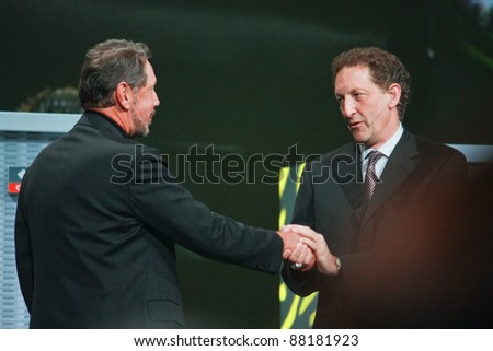 SAN FRANCISCO, CA, OCT 2 - New Giants team CEO Larry Baer (right) welcomes Oracle CEO Larry Ellison at Oracle OpenWorld 2011 and thanks for support of the team Oct 2, 2011 in San Francisco, CA