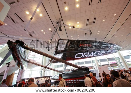 SAN FRANCISCO, CA, OCT 4 - Full-size 45-foot ORACLE Racing carbon-fiber catamaran and wing sail demonstrated at Oracle OpenWorld in Moscone West Oct 4, 2011 in San Francisco, CA