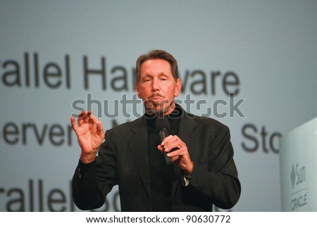 SAN FRANCISCO, CA, OCT 2, 2011 - CEO of Oracle Larry Ellison makes his first speech at Oracle OpenWorld conference  on Oct 2, 2011. He is the third in the Forbes list of richest US persons
