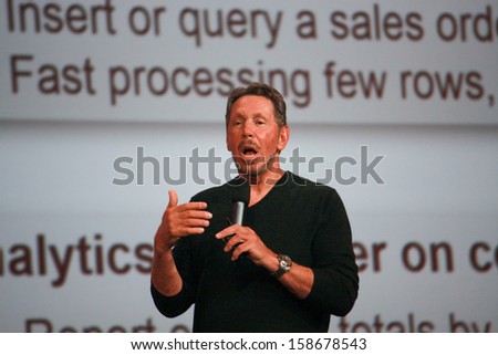 SAN FRANCISCO, CA, SEPT 22, 2013 - CEO of Oracle Larry Ellison makes his speech at Oracle OpenWorld conference in Moscone center on Sept 22, 2013. He is third in the Forbes list of richest US persons