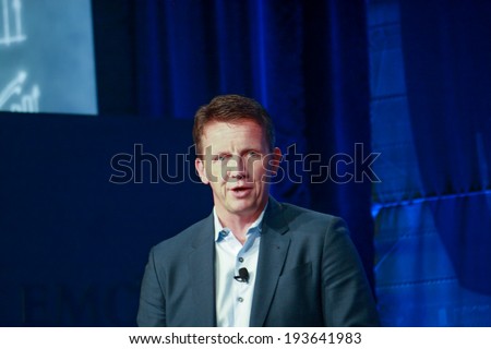 LAS VEGAS, NV -?? MAY 5, 2014: EMC Products and Marketing President Jeremy Burton  makes speech at EMC World 2014 conference on May 5, 2014 in Las Vegas, NV