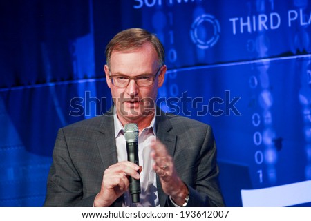 LAS VEGAS, NV -?? MAY 6, 2014: CEO EMC Information Infrastructure David Goulden makes speech at EMC World 2014 conference on May 6, 2014 in Las Vegas, NV
