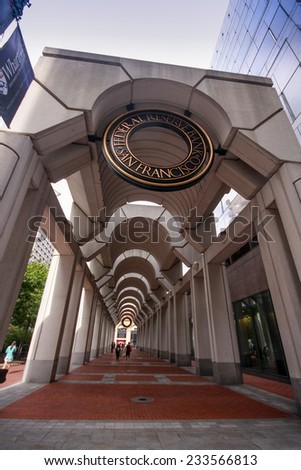 SAN FRANCISCO, CA, US - OCT 2, 2011: Building gallery with seal on top at The Federal Reserve Bank of San Francisco on October 2, 2011. It\'s the federal bank for the twelfth district in the USA
