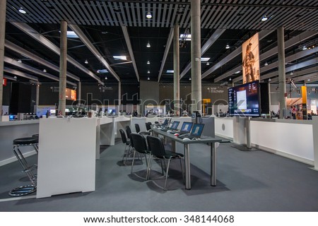 BARCELONA, SPAIN - NOVEMBER 10, 2015: Training zone with notebooks on tables at SAP TechEd 2015 conference at Fira Barcelona Gran Via Exhibition Center on November 10, 2014 in Barcelona, Spain