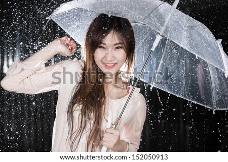 Happy Chinese girl with rain and transparent umbrella