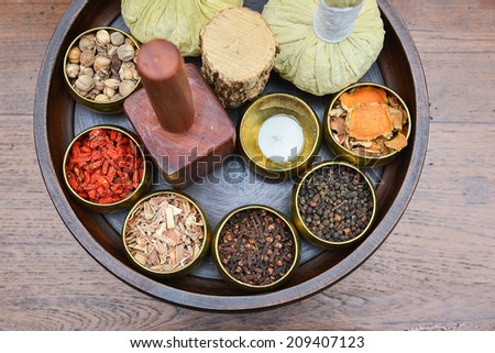 A set of herb and Thai herbal ball for spa therapy