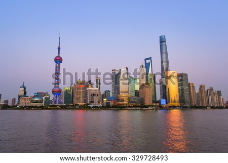 SHANGHAI, CHINA - OCT 18, 2015: Pudong landmarks is a district of Shanghai, China, located east of the Huangpu River across from the historic city center of Shanghai in Puxi.