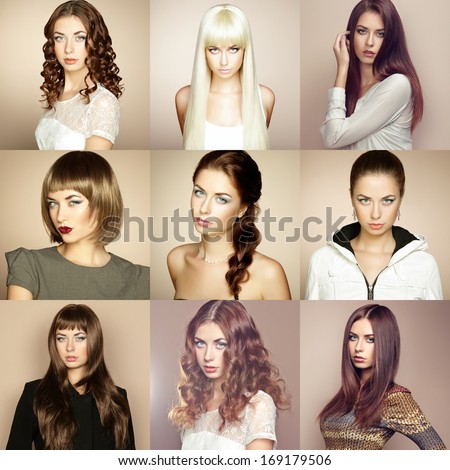 Portrait of young beautiful girl. Collage. Fashion photo Hairstyle. Make up. Vogue Style.