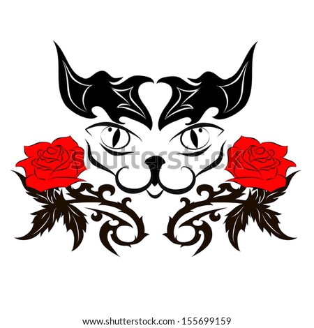 muzzle of a cat with roses - tattoo