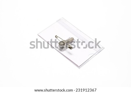 plastic name tag on a white background