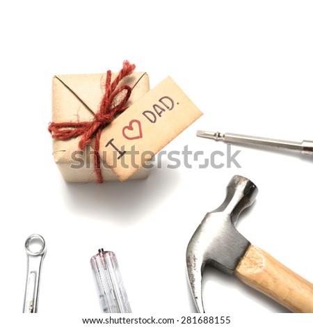 gift box and I love dad card with tools isolated on white background