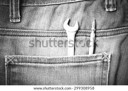 wrench tools in jean pants black and white tone color style