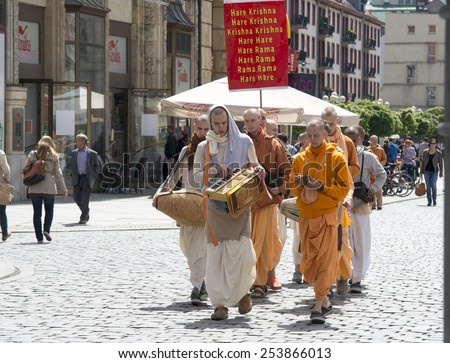 Wroclaw, Poland - 18 2014: members of Hare Krishna chanting and dancing May 18, 2014 on Wroclaw in Poland