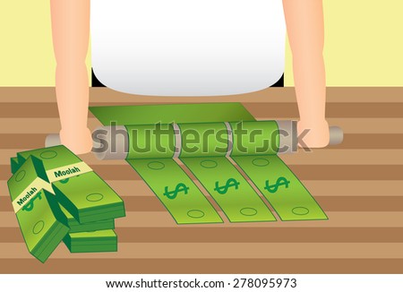 Rolling in the Dough (Money). Illustration of a person with a rolling money on a work bench
