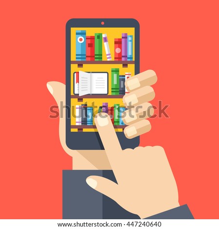 Bookshelves with books on smartphone screen. Online digital library. Hand holds smartphone, finger touches screen. Modern concept for web banners, web sites. Creative flat design vector illustration