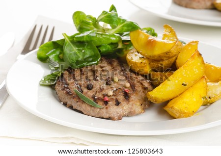 Beef burger with the roasted potato, side salad and spices on white