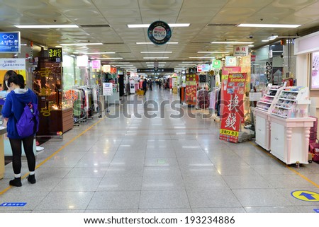 Seoul, South Korea - April 18, 2014: Retail Shops inside of Metropolitan Subway in Seoul. There are lots of fashion shops i.e. cloths, cosmetic, watch etc.