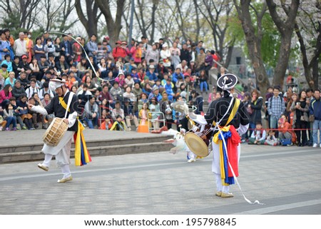 SEOUL, SOUTH KOREA - APRIL 11, 2014: Sangmo dancers during Korean folk dance show in Seoul Korea. Sangmo dance is one of the favorite dances of the Korean people.