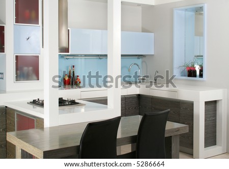 Modern white and wood kitchen interior shot with studio light