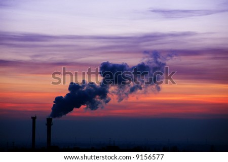 Industry sunset sky with pipe and smoke